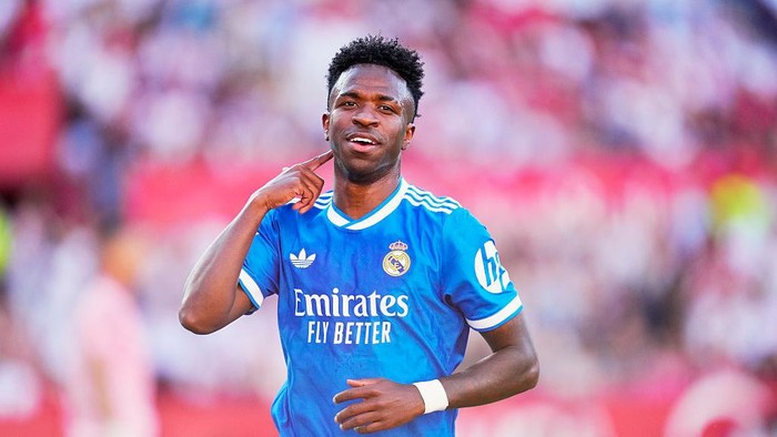 Vinicius Junior left winger of Real Madrid and Brazil celebrates after scoring his sides first goal during the LaLiga EA Sports match between Sevilla FC and Real Madrid CF at Estadio Ramon Sanchez Pizjuan on May 17, 2026 in Seville, Spain. (Photo by Jose Breton/Pics Action/NurPhoto via Getty Images)