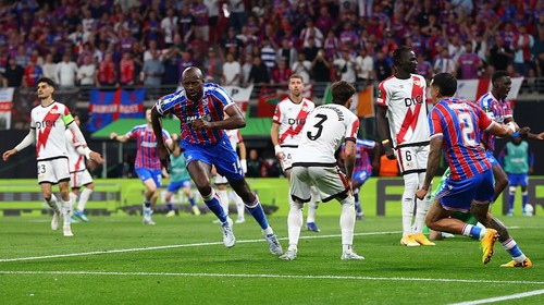LEIPZIG, GERMANY - MAY 27:   Jean-Philippe Mateta of Crystal Palace celebrates scoring a goal to make the score 1-0 during the UEFA Conference League Final 2026 match between Crystal Palace FC and Rayo Vallecano de Madrid at Football Arena Leipzig on May 27, 2026 in Leipzig, Germany. (Photo by Chris Brunskill/Fantasista/Getty Images)