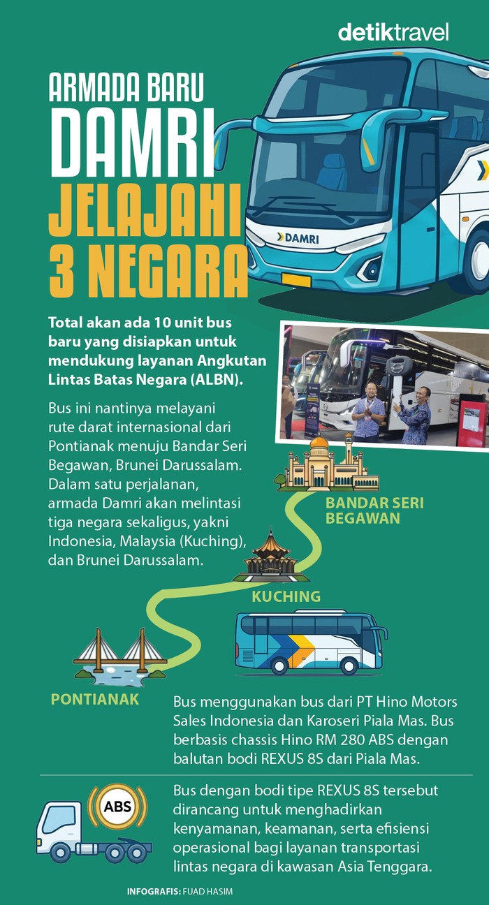 Dalam satu perjalanan, armada Damri akan melintasi tiga negara sekaligus, yakni Indonesia, Malaysia (Kuching), dan Brunei Darussalam