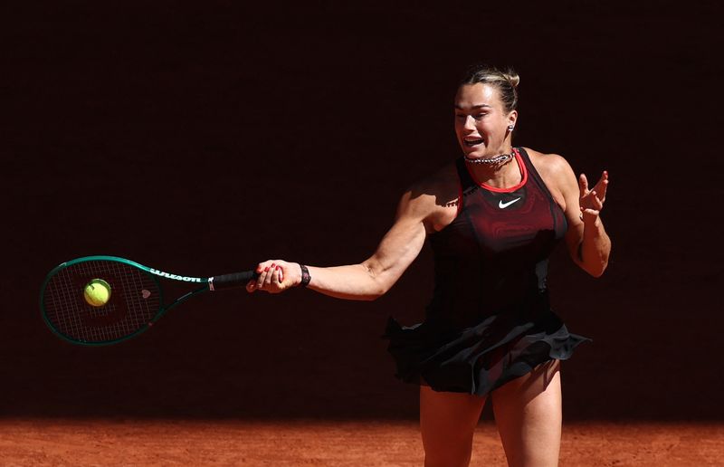 Tennis - French Open - Roland Garros, Paris, France - May 26, 2026 Belarus' Aryna Sabalenka looks on during her first round match against Spains's Jessica Bouzas Maneiro REUTERS/Stephane Mahe