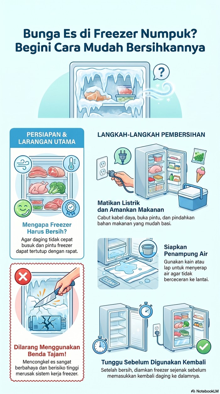 Infografis cara bersihkan bunga es di freezer