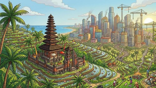 Ilustrasi pembangunan di Bali. (Gemini AI)