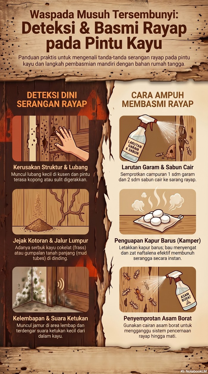Infografis deteksi dan membasmi rayap pada pintu kayu