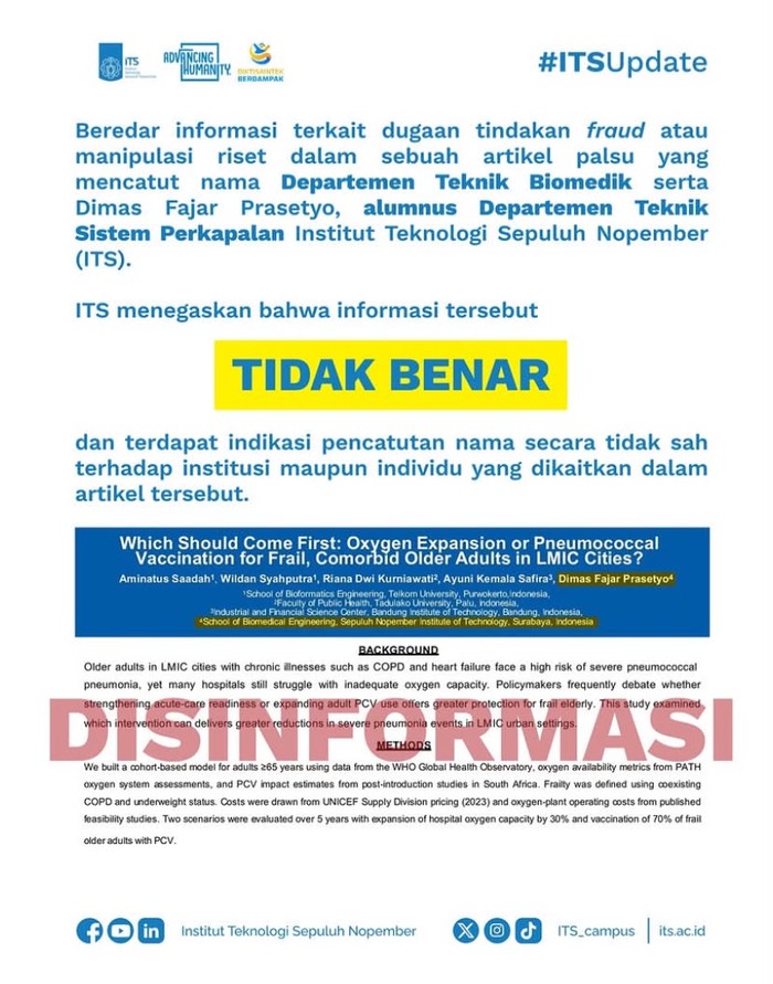 ITS dan Peneliti BRIN, Dimas Fajar Prasetyo sampaikan klarifikasi usai namanya dicatut dalam dugaan riset palsu.