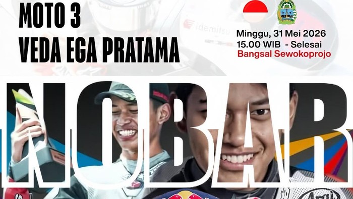 Flyer nobar Moto3 di Bangsal Sewokoprojo, Wonosari, Gunungkidul dalam rangka mendukung Veda Ega Pratama.