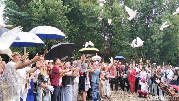 Selain melepas ikan, umat Budda juga lepas sejumlah merpati di Sungai Progo
