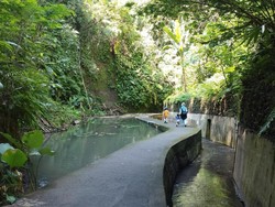 Pengunjung melalui jalan menuju Taman Magenda Eco Park. Pelancong maupun pemedek harus melalui jalan yang diapit oleh aliran kali kecil dan kolam teratai.