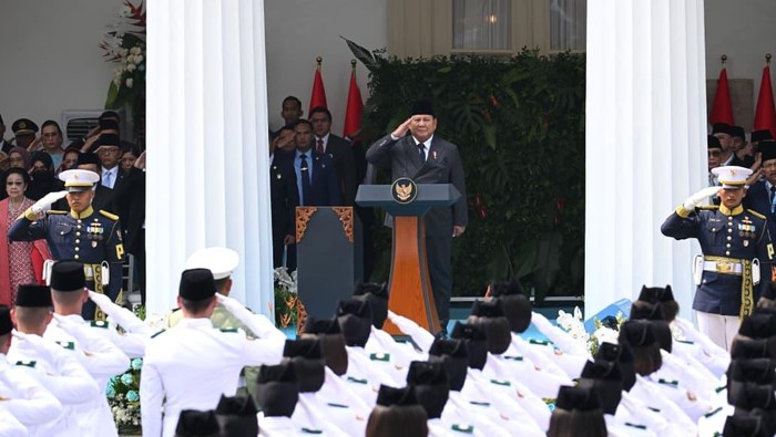 Prabowo memberikan amanat di upacara Hari Lahir Pancasila di Kementerian Luar Negeri, Senin (1/6/2026).