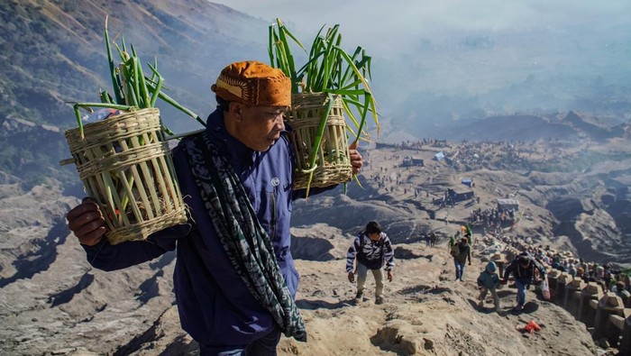 Warga suku Tengger membawa sesaji saat upacara Yadnya Kasada di Gunung Bromo, Kabupaten Probolinggo, Jawa Timur, Senin (1/6/2026). Yadnya Kasada merupakan upacara adat tahunan masyarakat Suku Tengger sebagai bentuk ungkapan syukur kepada Sang Hyang Widhi serta penghormatan kepada leluhur yang ditandai dengan persembahan sesaji hasil bumi ke kawah Bromo. ANTARA FOTO/Irfan Sumanjaya/nym.