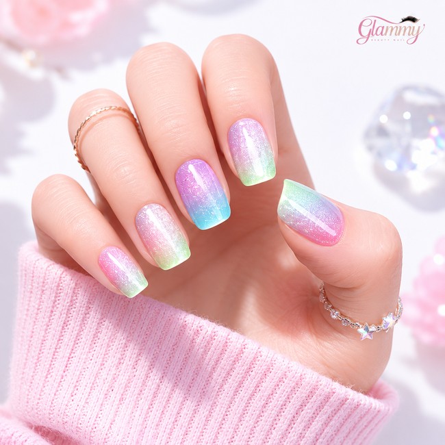 Press-On Nails Pastel Aurora Glitter Series: Sentuhan Warna Pastel yang Manis dengan Efek Aurora yang Menawan