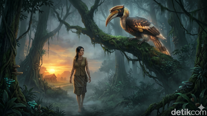 Ilustrasi cerita Bungan Sigau Belawan dan Keajaiban Burung Enggang. (Gemini AI)