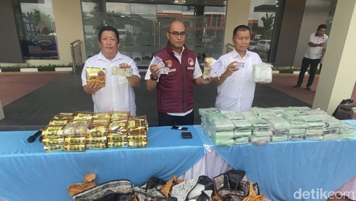Dirresnarkoba Polda Sumut Kombes Pol Andy Arisandi (tengah), menunjukkan barang bukti kasus 113 kg jenis sabu (Mhd Ilham Pradilla/detikSumut)