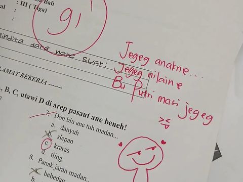 Salah satu lembar jawaban murid yang berisi gambar dan kata-kata motivasi.