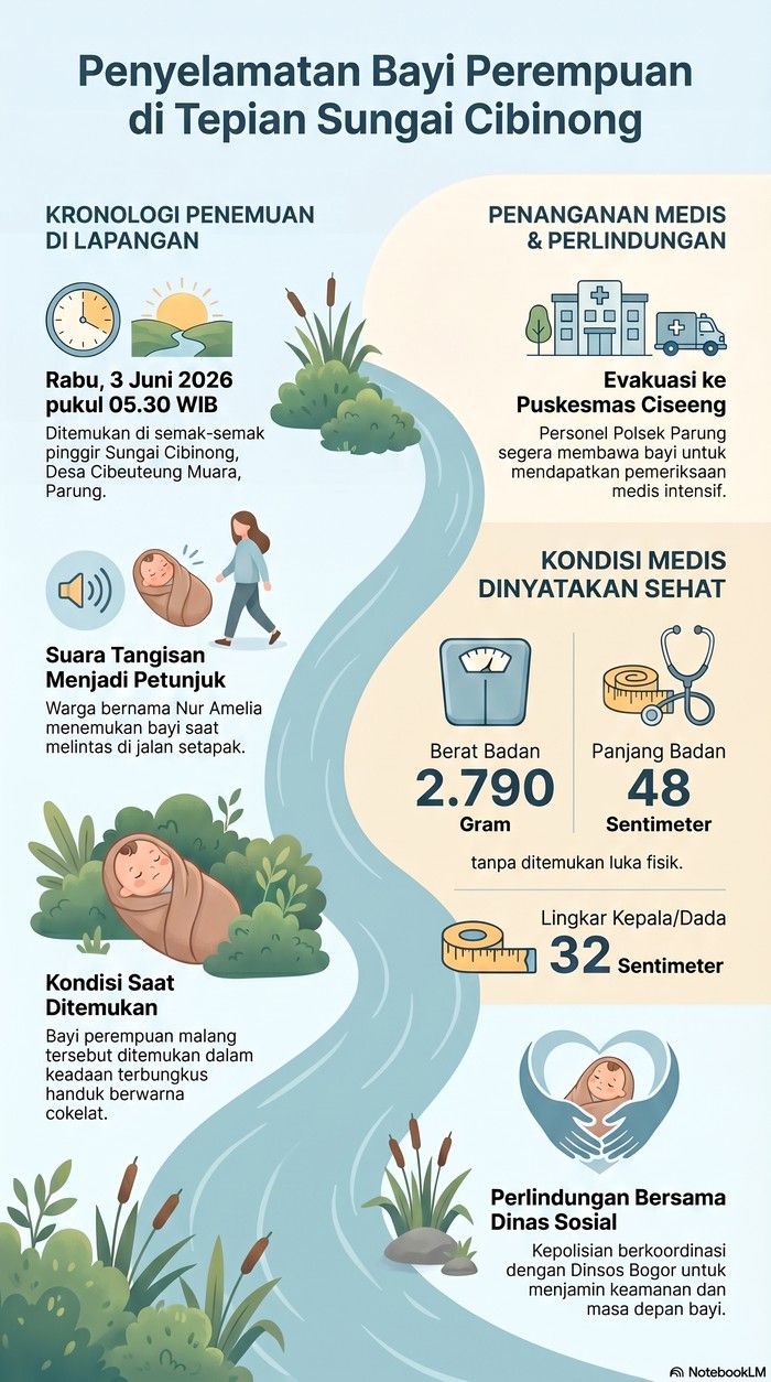 Infografis penemuan bayi di semak-semak Sungai Cibinong.
