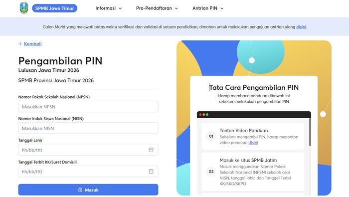 Pengambilan PIN SPMB Jatim 2026.