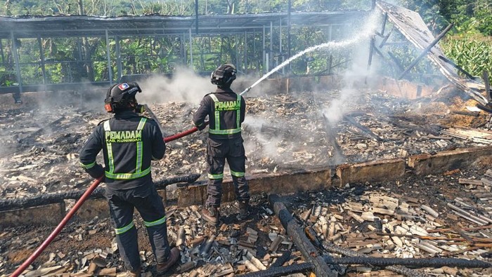 Proses pemadaman kandang ayam terbakar di Kuningan
