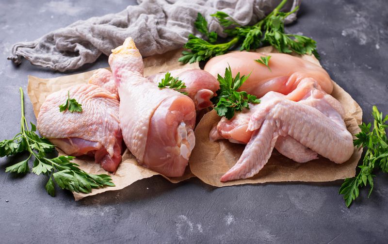 Raw chicken meat fillet, thigh, wings and legs. Selective focus