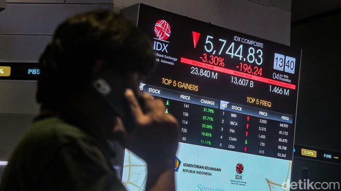 IHSG Terpuruk, Kekhawatiran Pasar Meningkat 1. Warga mengamati papan layar IHSG di Bursa Efek Indonesia (BEI), Jakarta, Kamis (4/6/2026). Indeks Harga Saham Gabungan (IHSG) melemah sepanjang perdagangan sesi I hari ini, Kamis (4/6). IHSG merosot seiring melemahnya mayoritas saham sepanjang perdagangan paruh pertama.