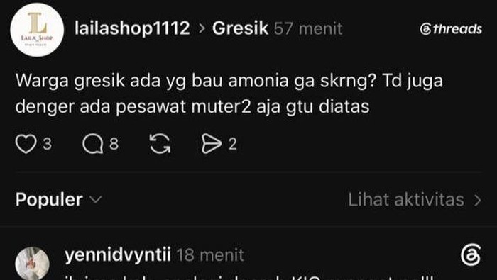 Potingan netizen soal bau menyengat dan mirip amoniak hingga suara gemuruh di Gresik