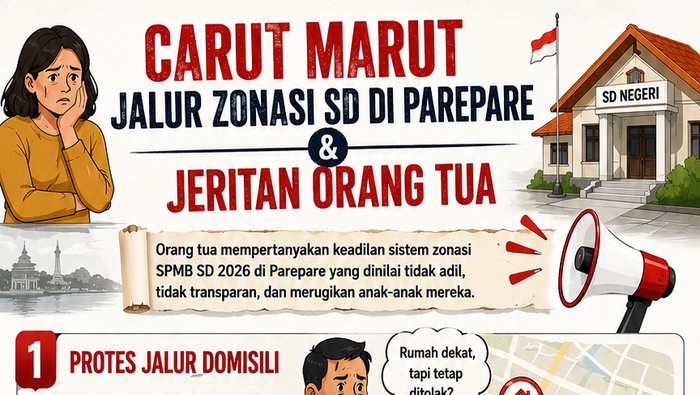 Infografis: Ortu protes anak ditolak masuk SDN 37 Parepare padahal rumah dekat. Infografis dibuat pakai kecerdasan buatan.