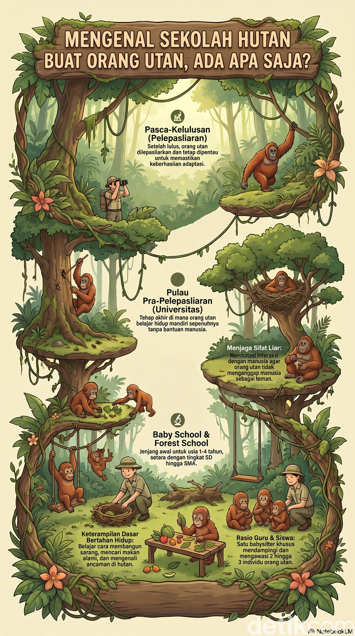 Infografis sekolah hutan untuk orang utan di Kalimantan Tengah.
