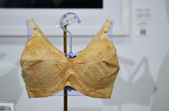 A 1950s brassiere worn by Marilyn Monroe is displayed at Juliens Auctions in Gardena, California, on May 27, 2026, ahead of the June 4 100 Years of Marilyn auction marking what would have been the Hollywood icons 100th birthday. (Photo by Frederic J. BROWN / AFP)