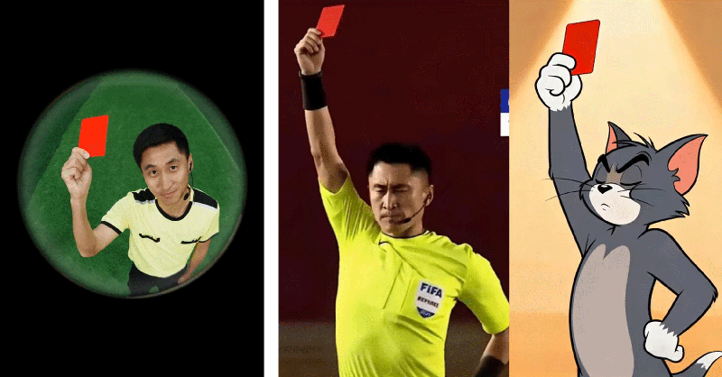 Ma Ning Kiri: Foto profil Ma Ning di Xiaohongshu; Tengah dan kanan: Sebuah meme Ma Ning dan Tom dari acara TV 'Tom and Jerry' yang menunjukkan kartu merah.