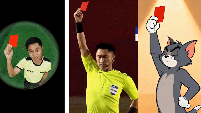 Kiri: Foto profil Ma Ning di Xiaohongshu; Tengah dan kanan: Sebuah meme Ma Ning dan Tom dari acara TV Tom and Jerry yang menunjukkan kartu merah.