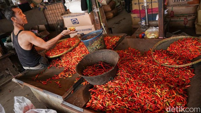 Saat Dolar Menguat, Harga Cabai Ikut Menanjak Tembus Rp84 Ribu per Kg Pedagang menata cabe di Pasar Induk Kramat Jati, Jakarta, Jumat (5/6/2026). Melemahnya nilai tukar Rupiah terhadap Dolar AS berakibat kepada kenaikan nilai pangan. Harga cabe merah di Jakarta mencapai Rp 84 ribu per kilogram hari ini.