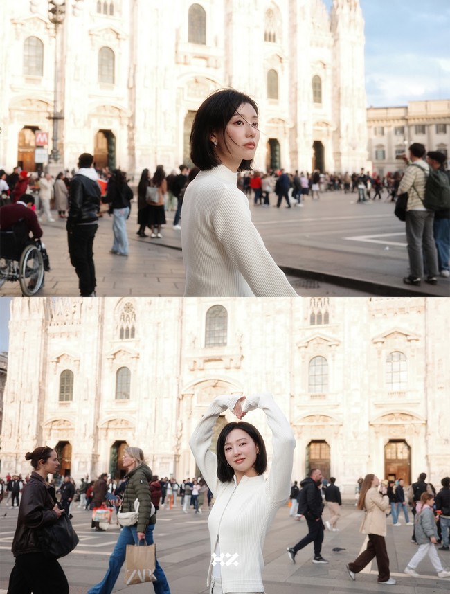 Dalam foto yang dirilis, Kim Ji Won tampil kasual saat mendatangi sejumlah tempat bersejarah Milan. Ia juga mampir ke gerai es krim gelato khas Italia. Foto: dok. Instagram @highziumstudio