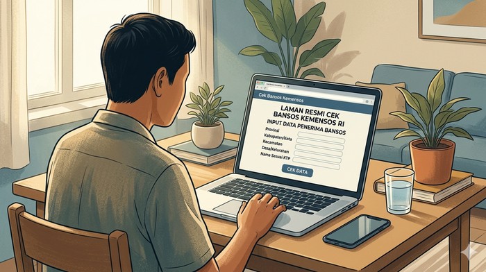 Ilustras seseorang melakukan cek bansos PKH