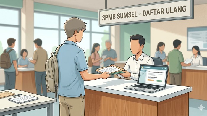 Ilustrasi seorang calon murid melakukan daftar ulang SPMB Sumsel 2026.