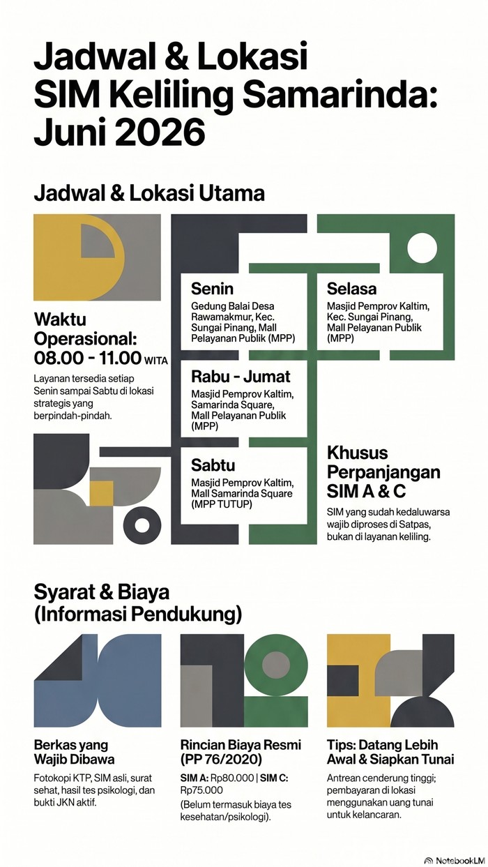 Infografis Jadwal dan lokasi SIM Keliling Samarinda Juni 2026. (diolah dengan NotebookLM)