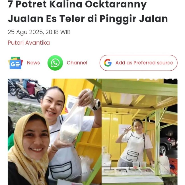 Kalina Oktarani Tegaskan Gak Malu Jualan Es Teler di Pinggir Jalan