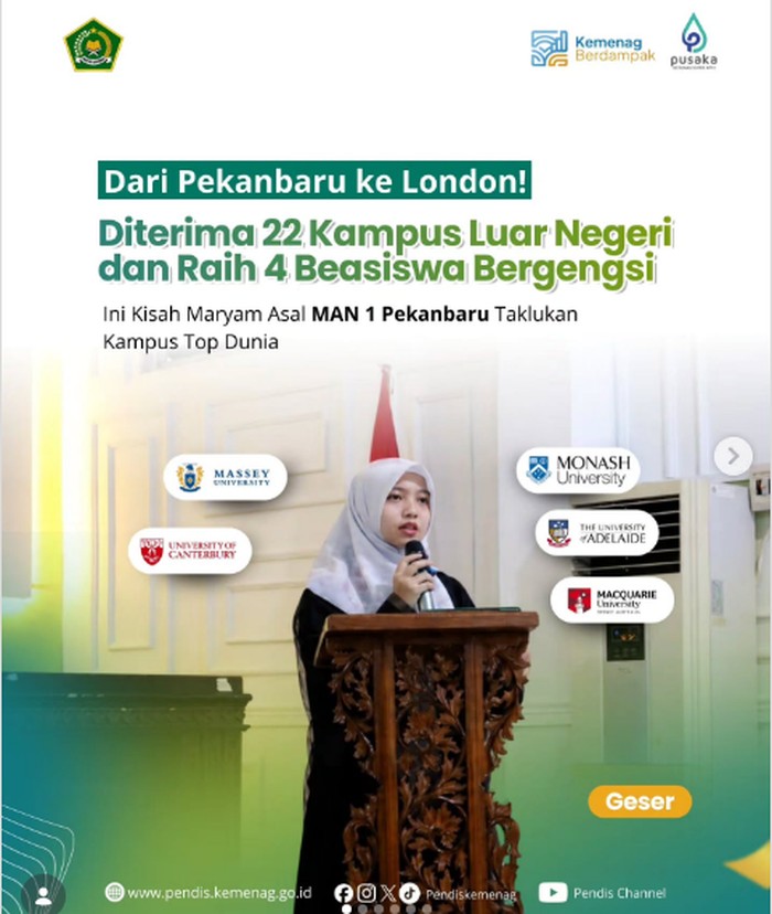Maryam, siswa MAN 2 Pekanbaru yang diterima di 22 kampus top luar negeri.