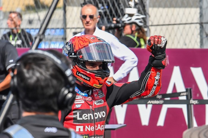 Team Ducati Lenovo Teams Marc Marquez celebrates winning the Sprint competition at the Balaton Park Circuit in Balatonfokajar, Hungary, on June 6, 2026, ahead of the Hungarian Motorcycle MotoGP Grand Prix. (Photo by FERENC ISZA / AFP)