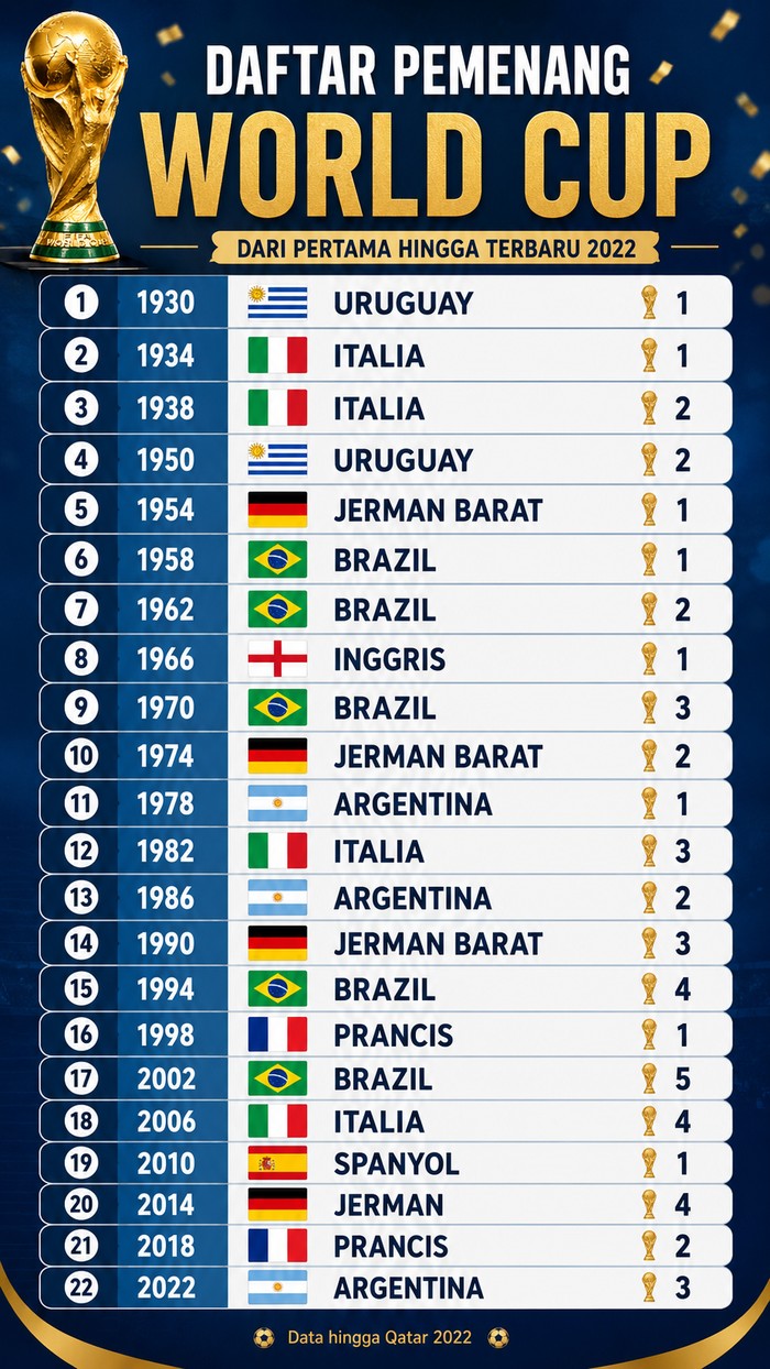 Daftar pemernang FIFA World Cup dari masa ke masa. (Chatgpt)