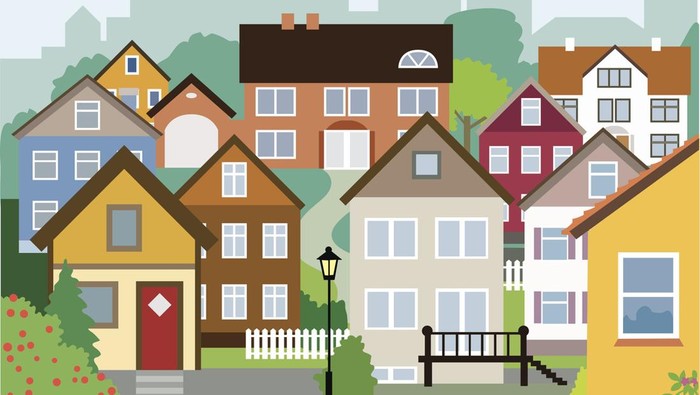 A variety of houses, small and large - could be a friendly neighbourhood or a small town anywhere in the world. Layered and easy to edit.