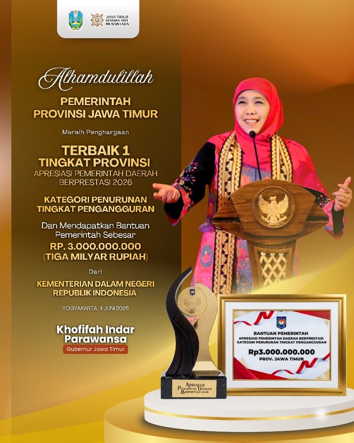 Jatim Raih Penghargaan Kategori Pemda Terbaik dalam Penurunan Pengangguran