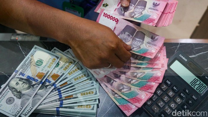 Petugas menata mata uang Dolar AS dan Rupiah di penukaran valuta asing di Dolarasia, Jakarta, Senin (8/6/2026). Berdasarkan data Bloomberg, dolar AS kini berada pada level Rp 18.201 atau menguat 0,91%. Mata uang itu merangkak naik dari level Rp 18.10