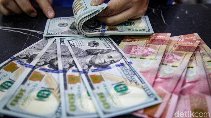Petugas menata mata uang Dolar AS dan Rupiah di penukaran valuta asing di Dolarasia, Jakarta, Senin (8/6/2026). Berdasarkan data Bloomberg, dolar AS kini berada pada level Rp 18.201 atau menguat 0,91%. Mata uang itu merangkak naik dari level Rp 18.10