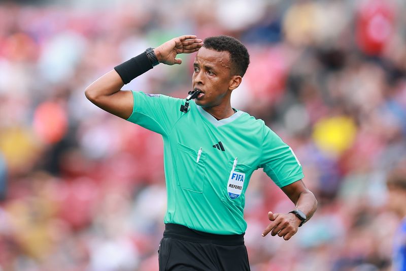 SANTIAGO, CHILE - OCTOBER 18: Referee Omar Artan gestures during the FIFA U-20 World Cup Chile 2025 third place match between Colombia and France at Estadio Nacional Julio Martínez Prádanos on October 18, 2025 in Santiago, Chile. (Photo by Hector Vivas - FIFA/FIFA via Getty Images)