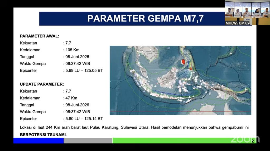 Paparan Kepala BMKG Faisal Teuku Faisal Fathani dalam konferensi pers Pemutakhiran Peringatan Dini Tsunami Pascagempa Bumi M7.7 di Filipina Senin, 8 Juni 2026. (Dok. BMKG) Paparan Kepala BMKG Faisal Teuku Faisal Fathani dalam konferensi pers Pemutakhiran Peringatan Dini Tsunami Pascagempa Bumi M7.7 di Filipina Senin, 8 Juni 2026. (Dok. BMKG)