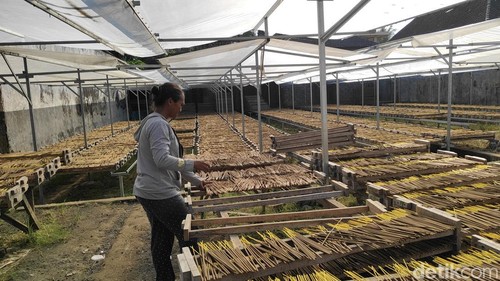 Pekerja di pabrik dupa milik Putu di Desa Werdhi Buwana, Kecamatan Mengwi, Badung masih beraktivitas normal untuk memenuhi permintaan dupa sehari-hari, Senin (8/6/2026).