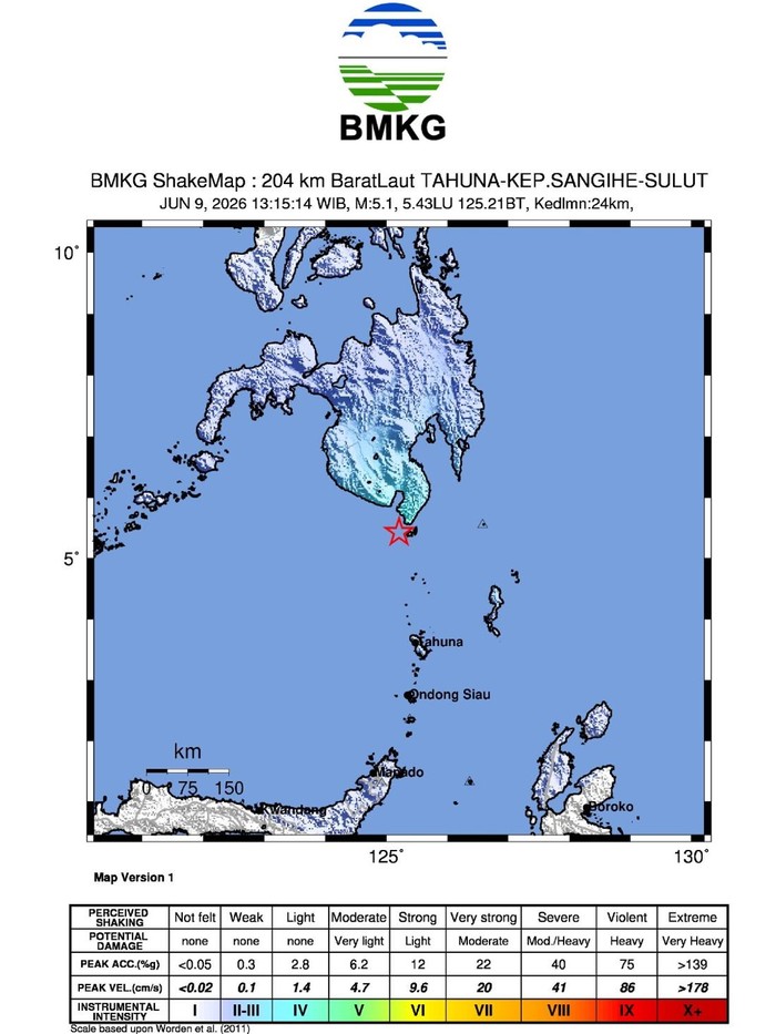 Gempa magnitudo (M) 5,1 terjadi di Laut Sulawesi, Kepulauan Sangihe, Sulut. Gempa ini merupakan rangkaian dari gempa M 7,8 yang terjadi di Filipina kemarin. (dok BMKG)