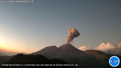 Gunung Lewotobi Laki-laki meletus tiga kali pagi ini, Selasa (9/6/2026).