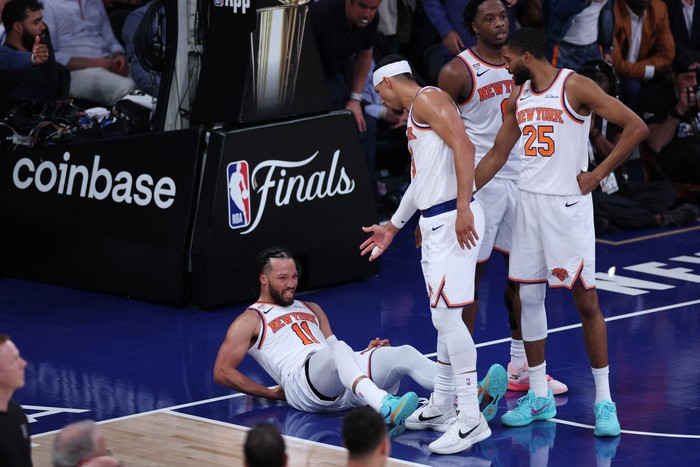 Jun 8, 2026; New York, New York, USA; New York Knicks guard Jalen Brunson (11) reacts in the second quarter against the San Antonio Spurs during game three of the 2026 NBA Finals at Madison Square Garden. Mandatory Credit: Vincent Carchietta-Imagn Im