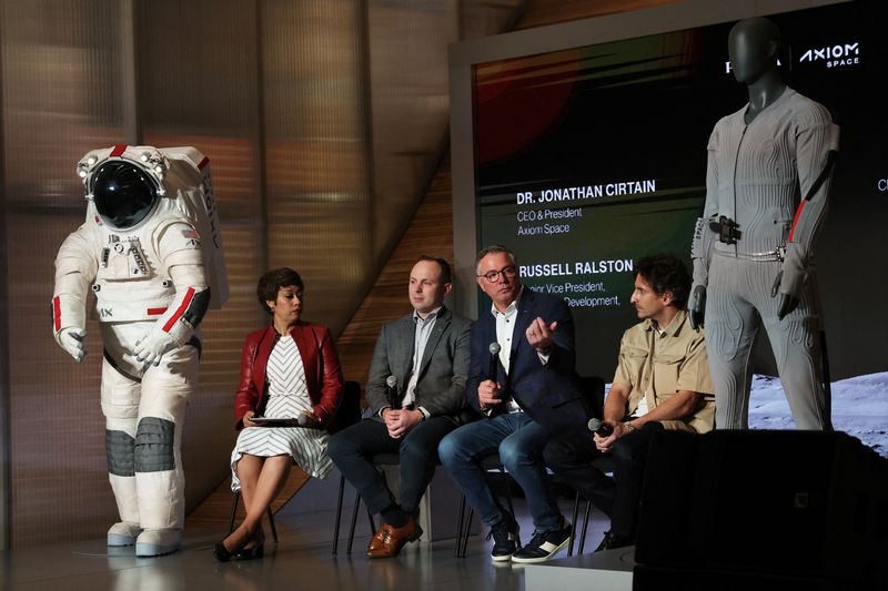 Sonya Gavankar McKay, Russell Ralston, Jonathan Cirtain, and Lorenzo Bertelli speak on a panel during a press event by Prada and Axiom Space in New York City, U.S., June 7, 2026. REUTERS/Heather Khalifa