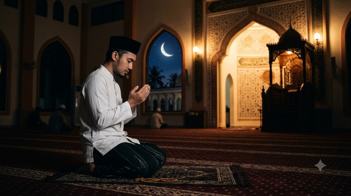 Ilustrasi muslim berdoa di malam tahun baru Islam 1 Muharram.