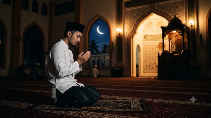 Ilustrasi muslim berdoa di malam tahun baru Islam 1 Muharram.